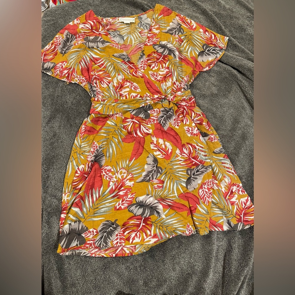 Loveriche camel tropical print Hawaiian wrap dress